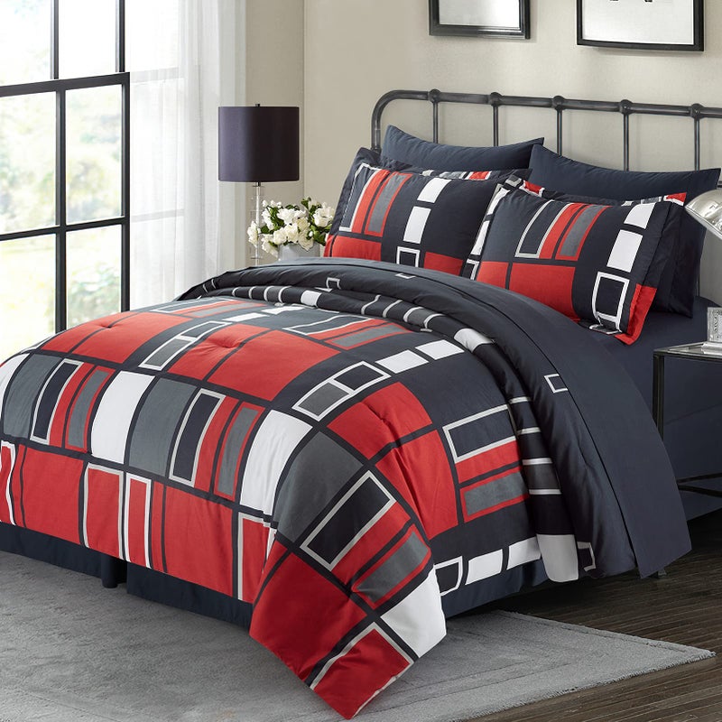 ARTALL Black Gray Red Plaid Pattern Bed in A Bag 8 Piece Bedding King Comforter Sets 1 Comforter, 2 Pillow Shams, 1 Flat Sheet, 1 Fitted Sheet, 1 Bed Skirt, 2 Pillowcases - Image 1